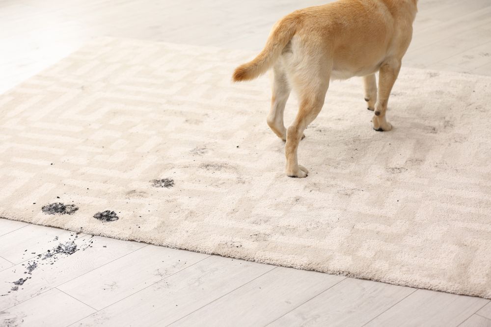 A dog is seen on a white rug with a black spot, symbolizing a pet mess cleaning service in Austin, TX.