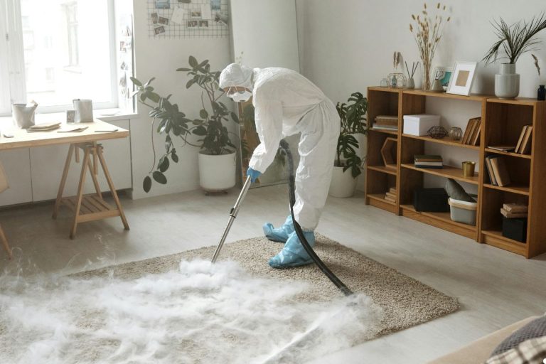 A person in a white suit and protective gear is cleaning a carpet with a vacuum cleaner in a well-lit room.
