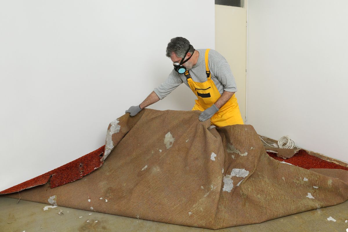 A man in a yellow shirt and safety glasses is engaged in carpet work, demonstrating safety and attention to detail. 