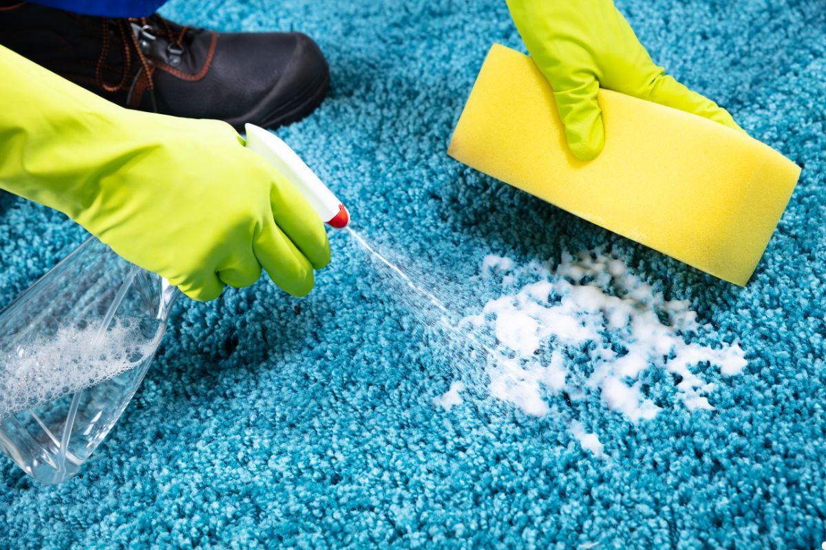 A person scrubbing a carpet with a yellow sponge, focused on cleaning a stained area.