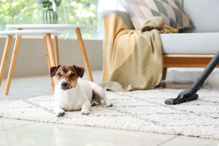 A dog sitting comfortably on a rug in a cozy living room, surrounded by furniture and warm lighting.